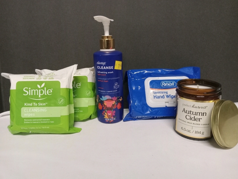 5 New | Skin/Body Care Lot | Includes Wipes, refreshing wash, and Autumn Cider Candle | Largest Item Measures 8"
