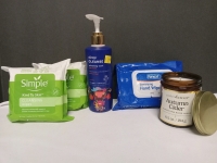 5 New | Skin/Body Care Lot | Includes Wipes, refreshing wash, and Autumn Cider Candle | Largest Item Measures 8"