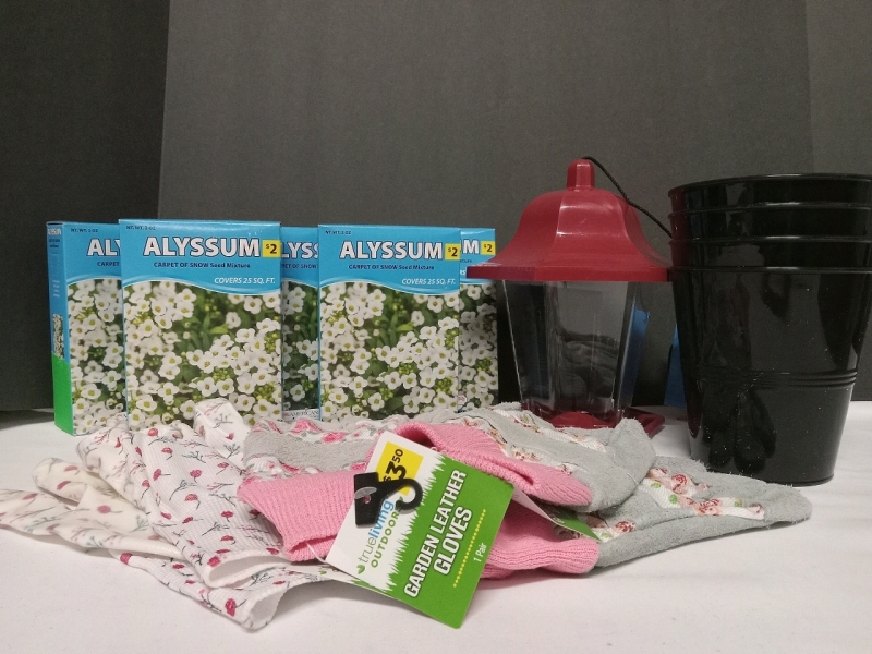 13 New | Gardening Supplies Lot | Includes 5 Packs of Seeds, 3 Pairs Gloves, Bird Feeder & 4 Plant Pots | Largest Measures 10"