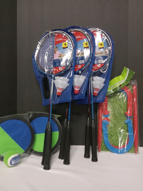 6 New | Outdoor Activities Lot | Includes Badminton, Horseshoes and Velcro Catch
