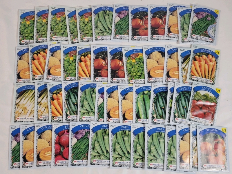 50 New Vegetable Seed Packs . Onion , Beet , Tomato , Okra , Cucumber , Cantaloupe , Squash , Carrots , Chives . Sell By 12/24 Stamp on Packs