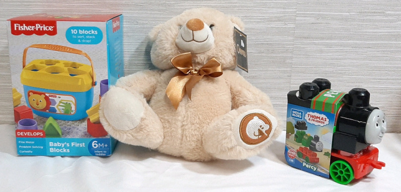3 New Children's Toys, Including Fisher-Price Baby's First Blocks, Goffa Teddy Bear Plush & Mega Bloks Thomas & Friends Percy Train Car