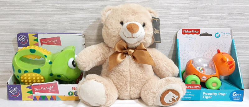 3 New Children's Toys, Including Fisher-Price Poppitt Pop Tiger Toy, Fun Stuff Dino Fun Light & Goffa Teddy Bear Plush
