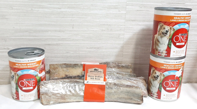 5 New Heartland Farms Water Buffalo Rib Bones & 3 Cans of Purina One+ Lamb & Brown Rice Entre&egrave; (13oz per can)