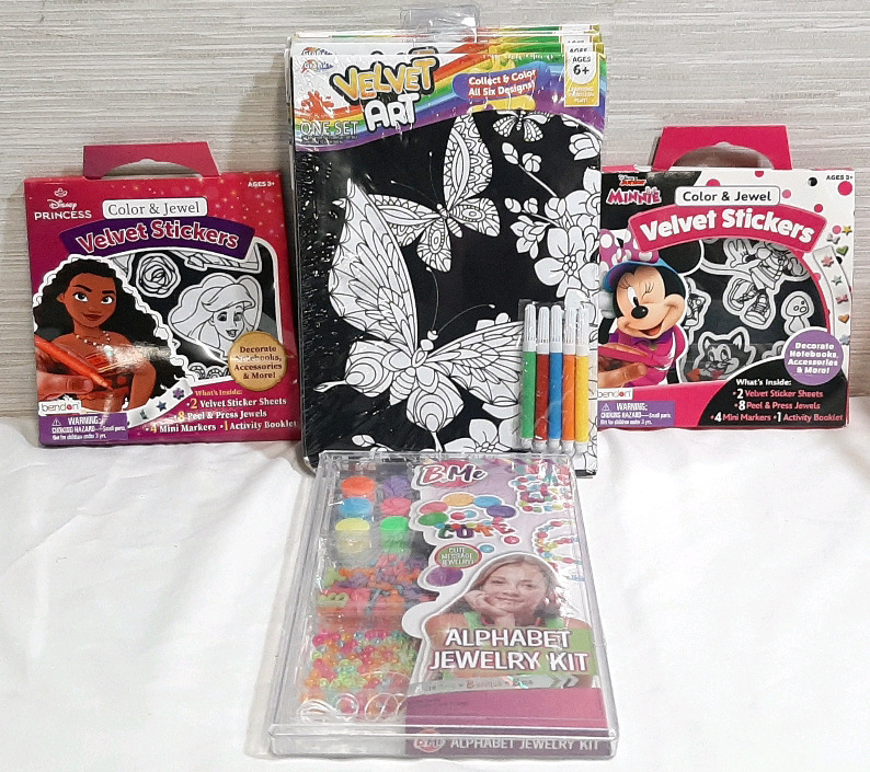 Lot of Creative Activities for Kids, Including 7 Velvet Art Coloring Sheets, 2 Packs of Disney Branded Velvet Stickers & B-Me Alphabet Jewelry Kit