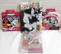 Lot of Creative Activities for Kids, Including 7 Velvet Art Coloring Sheets, 2 Packs of Disney Branded Velvet Stickers & B-Me Alphabet Jewelry Kit