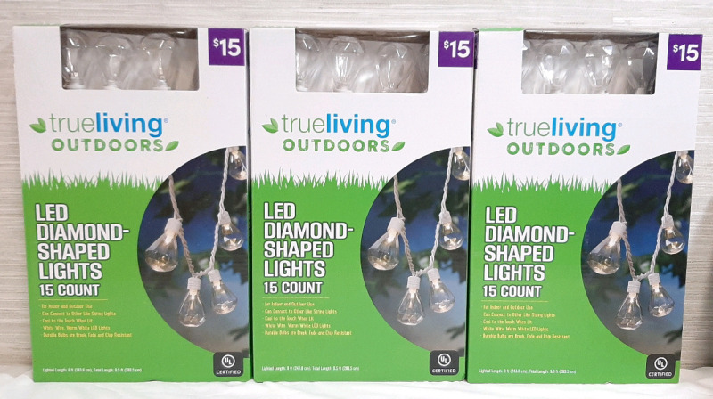 3 New Boxes of True Living Outdoors LED Diamond-Shaped Lights, 15 in Each Box, 45 Lights in Total
