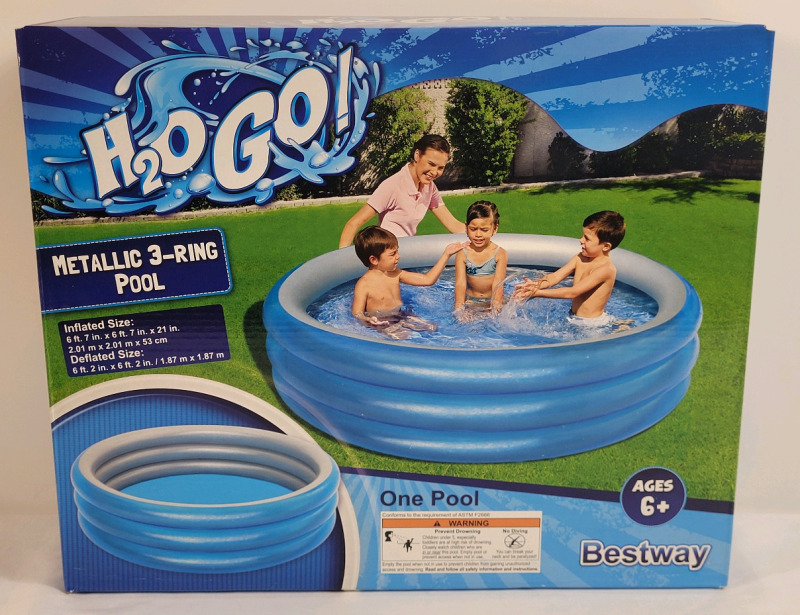 New - H&sup2;O Go! Inflatable Metallic 3-Ring Outdoor Pool . Inflated Size 6' 7"&times;6' 7"&times;21" .