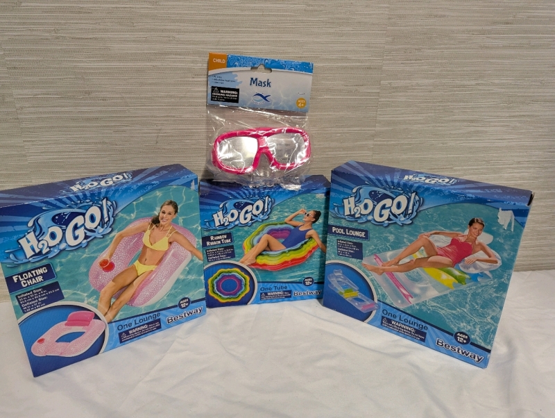 New Water Fun Lot. 3 Inflatable Pool Floats & 1 Child Size Swim Mask. See Photos for Float Sizes.