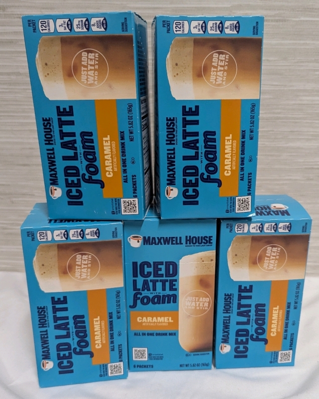 5 New Maxwell House Iced Latte With Foam Drink Mix, 6 Packets in Each Box. Caramel Flavoured. 165g Each. Best Before July 16th 2025.