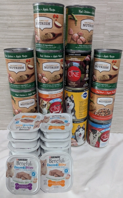 26 New Servings of Dog Food. Assorted Flavours, Brands, Types and Sizes. 1 Can of Purina Healthy Puppy Best Before Feb 2025. Earliest Other Best Before April 2025.