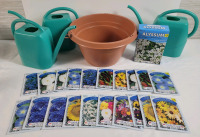 New - Outdoor Gardening Lot . 3 Plastic Watering Jugs , Planter Pot & 21 Flower Seed Packs (sell by 12/24 date)