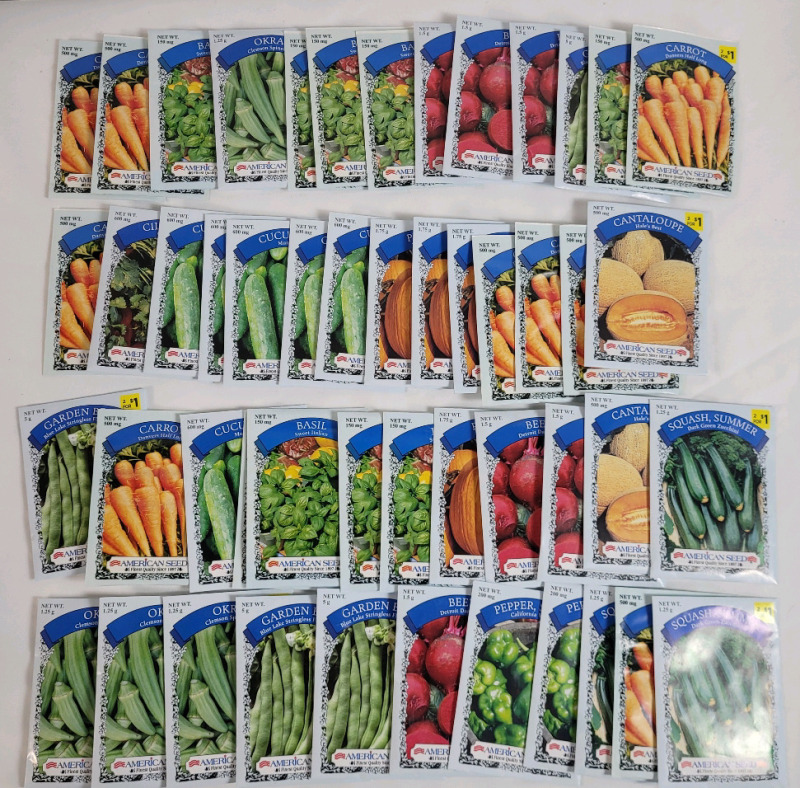 50 New Vegetable Seed Packs . Beet , Sweet Pepper , Cucumber , Pumpkin , Squash , Okra , Basil , Carrot . Sell By 12/24 Stamp on Packs
