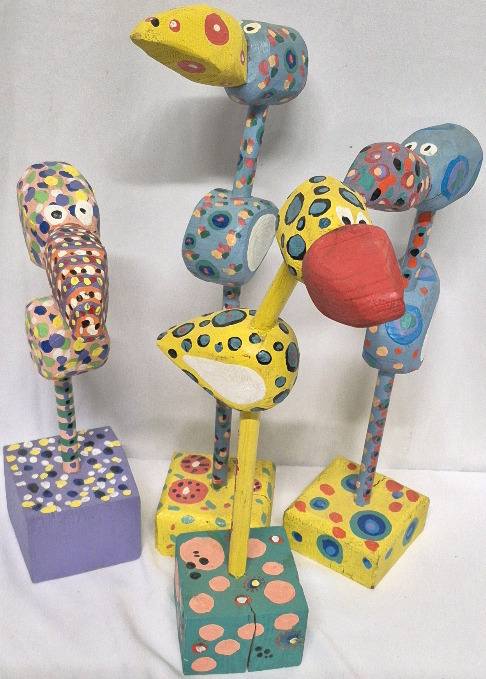4 Fun Funky Wooden Painted Bird Sculptures- Tallest 16"