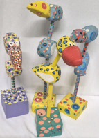 4 Fun Funky Wooden Painted Bird Sculptures- Tallest 16"