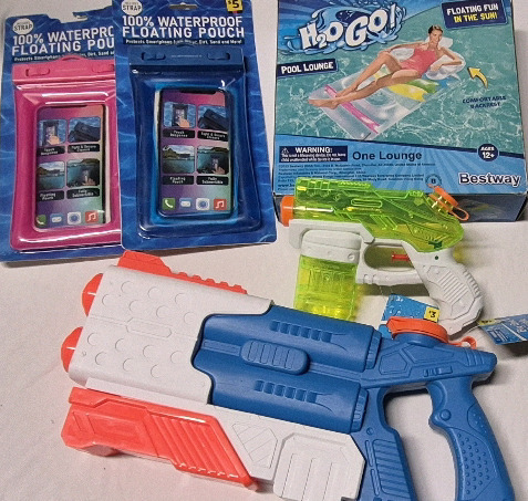 5 New Fun In The Sun Products - Water Guns, Pool Lounge & 2 Waterproof Pouches