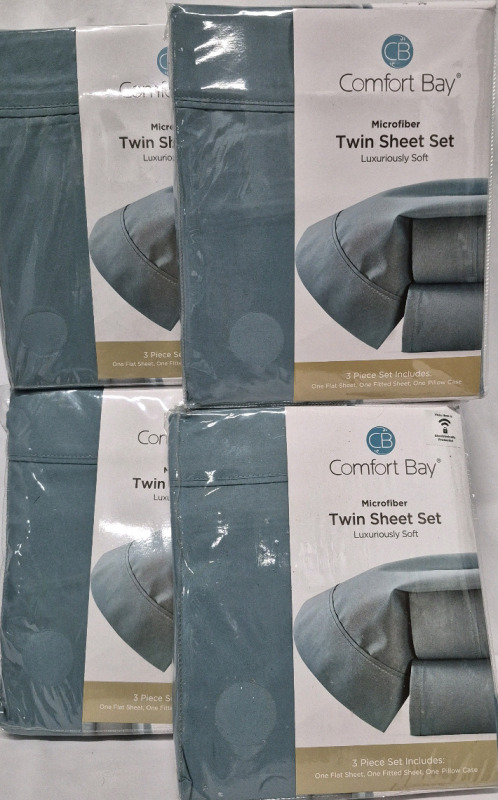 4 New TWIN Size Comfort Bay Luxuriously Soft Sheet Sets : Flat Sheet, Fitted Sheet + 1 Pillowcase