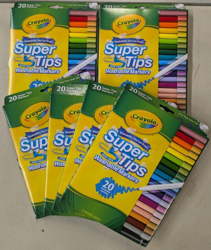 6 New: Crayola Super Tips Washable Marker Packs - 20 Markers Per Pack