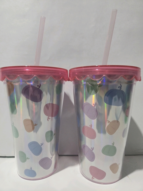 2 New | Adorable Pumpkin Themed Tumblers w/ Straws | Both Measure 6.5"