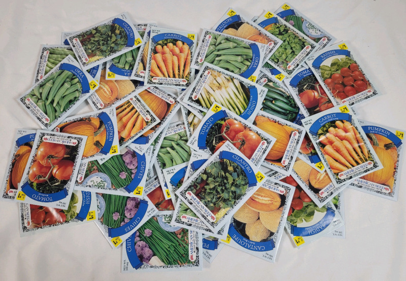 50 New Vegetable Seed Packs . Tomato , Carrot , Chives , Okra , Radish , Onion , Pumpkin plus more . Sell By 12/24 Stamp on Packs