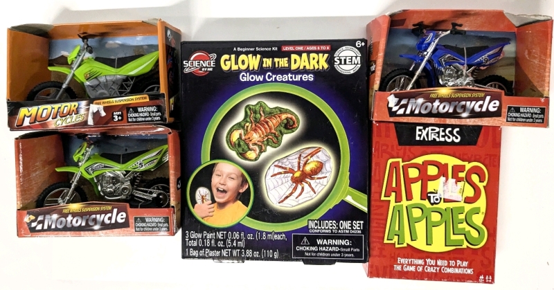 5 New Kids' Toys, Game & Activity: 3x Motorcycles, Glow in the Dark Glow Creatures Science Kit & Apples to Apples Game