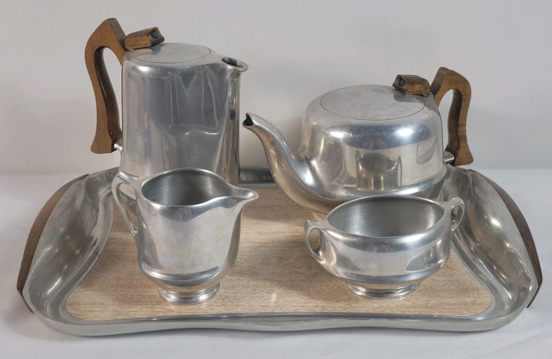 Vintage Mid-Century Modern Picquot Ware 5pc. Coffee & Tea Set w/Sycamore Handles . Made in England by Burrage & Boyde