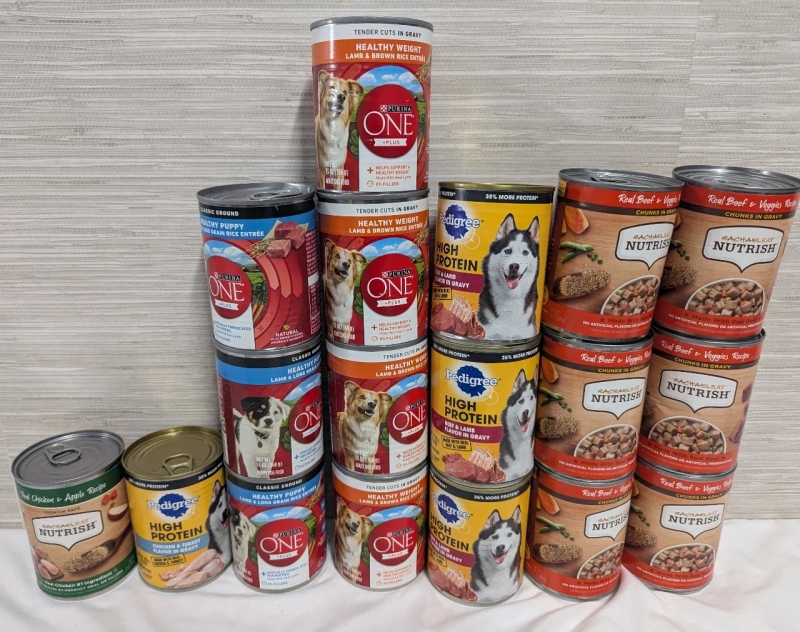 17 Cans of Dog Food. Variety of Brands, Flavours and Sizes. 1 Can of Purina Health Puppy Best Before Feb 2025, Next Earliest is May 2025.