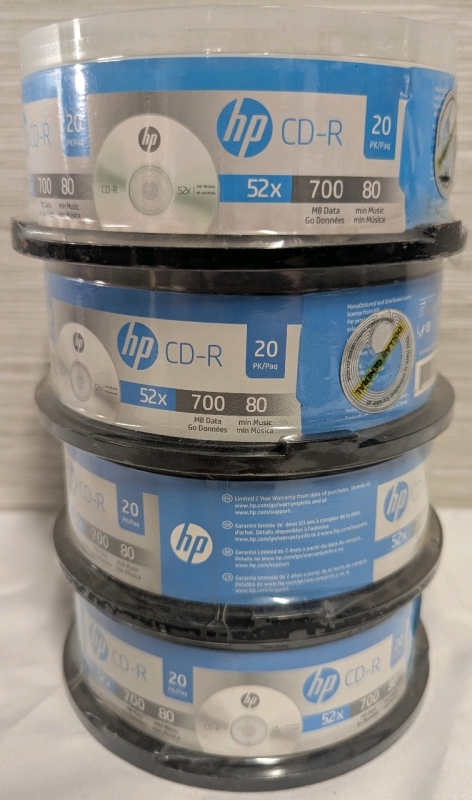 80 New HP CD-R Writable Discs. 700mb Data, 80 mins Music.