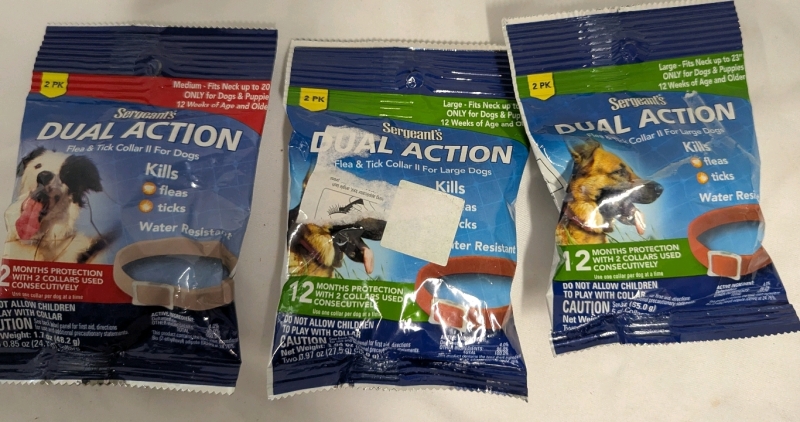 3 New Sergeants Dual Action Flea & Tick Collars. 2 In each Pack. red Pack First Necks up to 20". Green Pack Fits Neck up to 23".
