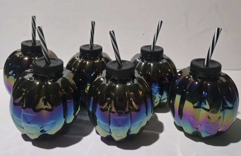 6 New | Plastic Pumkin Juice Cups W/ Straws 5" Tall