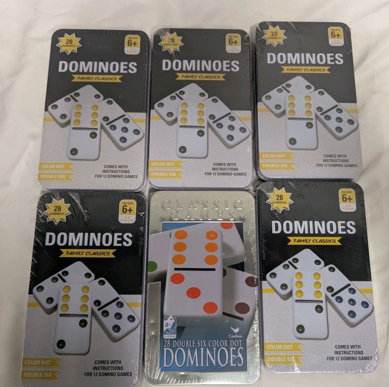 6 Sets Of Double Six Dominos. 28 Domino's per Tin.