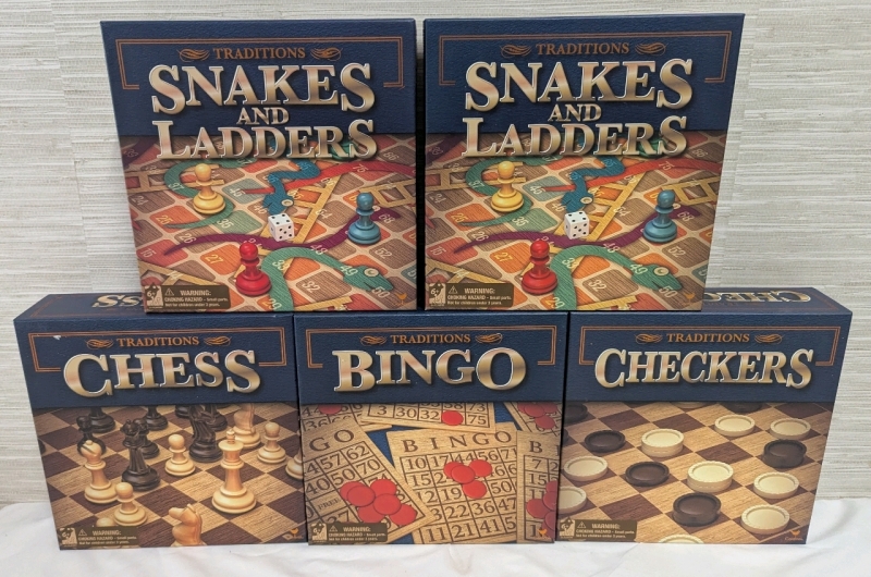 5 New Traditions Board Games. Chess, Bingo, Checkers, and 2 Snakes & Ladders.