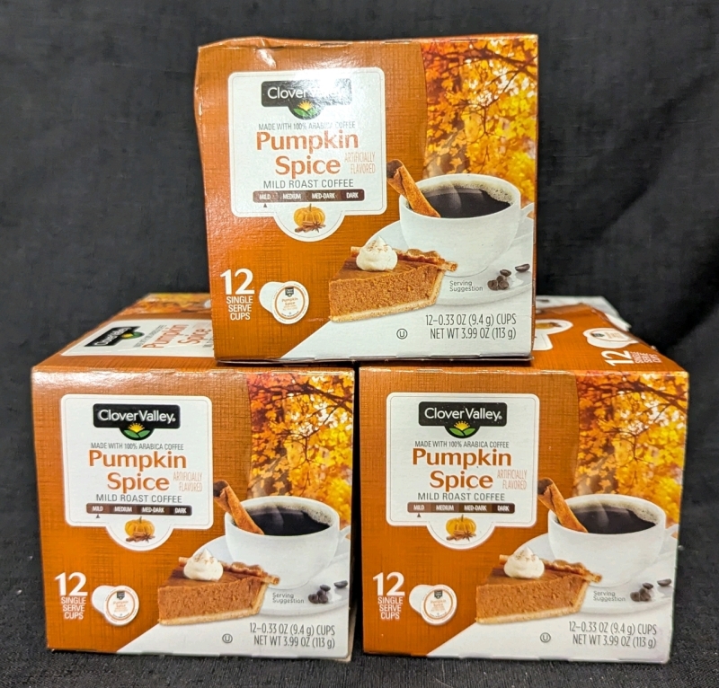 3 New: Clover Valley Pumpkin Spice Mild Roast Coffee - 12 Single Serve Cups Per Pack - Net Wt 113g Per 12 Pack - BB Nov 10 2025