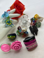 10 Fabulous Fun Retro Rings Acrylic Carved Glass Shell Sizes 6.5 -10 Plus Adjustable