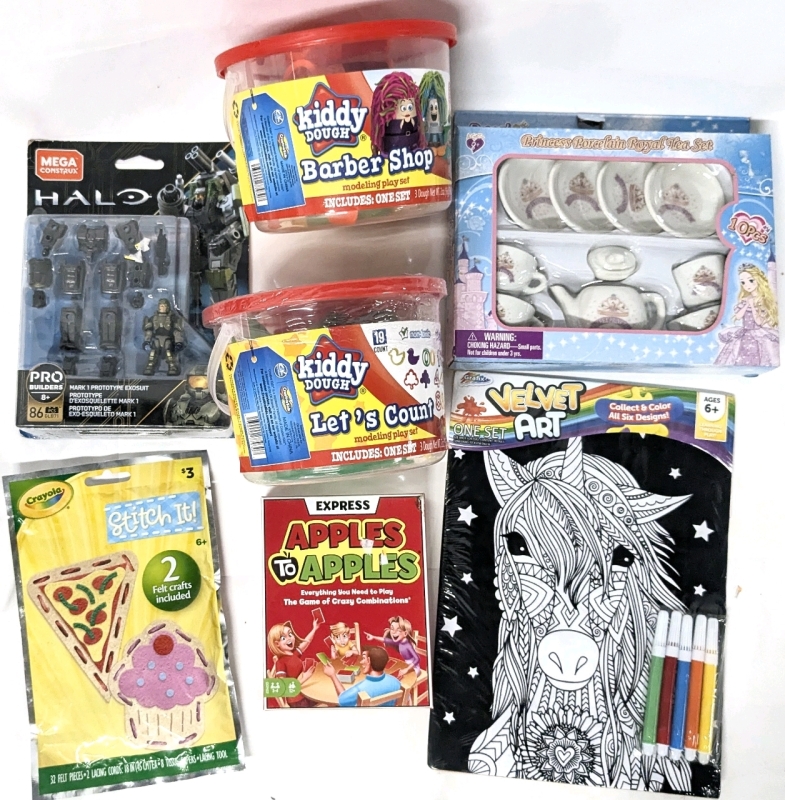 7 New Toys, Crafts & Game : Mega Construx HALO, Crayola Stitch-It, 2x Kiddy Dough Buckets, Porcelain Tea Set, Velvet Marker Art