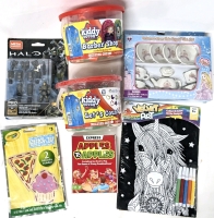 7 New Toys, Crafts & Game : Mega Construx HALO, Crayola Stitch-It, 2x Kiddy Dough Buckets, Porcelain Tea Set, Velvet Marker Art