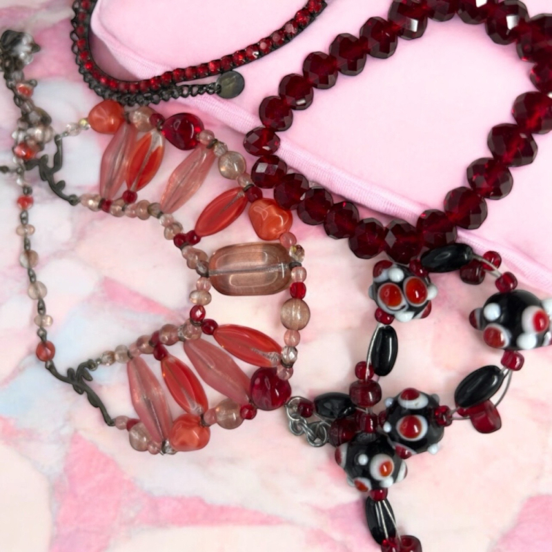 2 Bracelets Lampwork Faceted Bead 2 Necklaces Prong Set Red Rhinestone Line Jappaned /Gun Metal Beauty