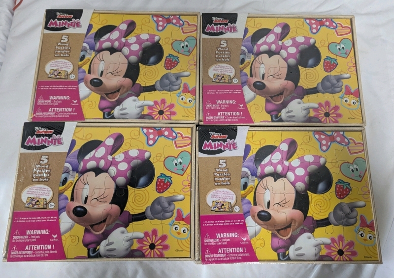 4 New Disney Junior Minnie Wooden Puzzle 5 Packs. Largest Puzzle 11.2" by 8.4"