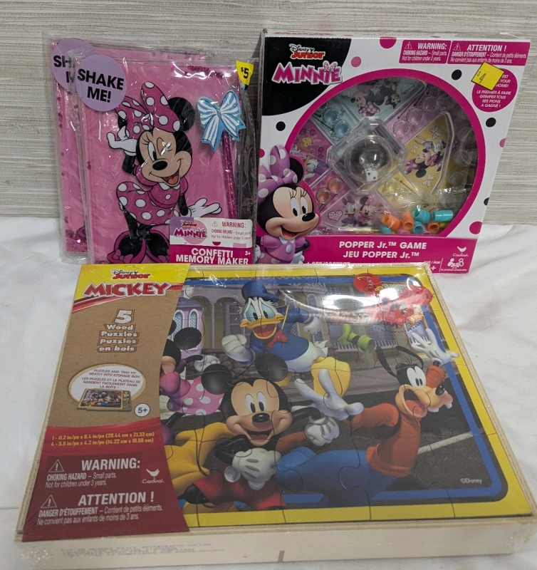 New Disney Junior Toys Lot. 2 Minni Confetti Memory Makers, 1 Minnie Popper Jr Game, N's 1 Micky Wooden Puzzle 5 Pack.