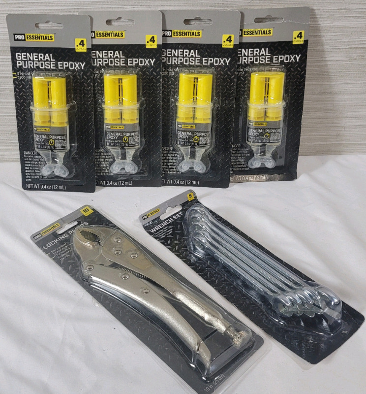 New - Tool Lot : 4 General Purpose Epoxy , 10" Locking Pliers & 5pc. Wrench Set