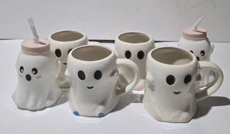 6 New | Ghost Cups | ( 4 ) Ceramic & ( 2 ) Plastic W/ Straws