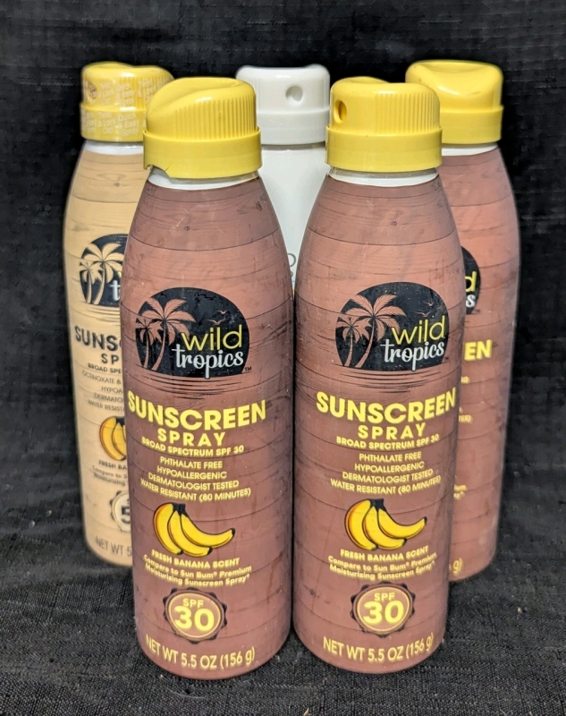 5 New: Sunscreen Sprays - 3 SPF30 Fresh Banana Scent Exp 12/29/2024 - 1 SPF100 Water Resistant Exp 02/10/2025 - 1 SPF50 Fresh Banana Scent Exp 12/17/2024