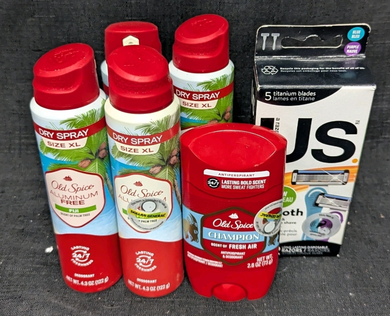 6 New: Deodorant and Razors - 4 Old Spice Spray Deodorants Fiji (122g Each) - 1 Old Spice Antiperspirant Exp 12/25 (73g) - 1 Pack of 2 Long Lasting Razors