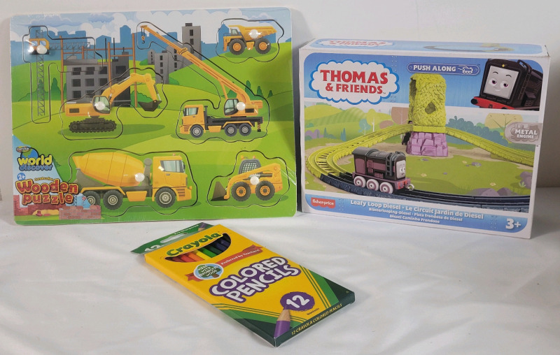 New - Children's Toy Lot . Thomas & Friends Leafy Loop Diesel , CreativeKids Wooden Puzzle & 12pk Crayola Colored Pencils