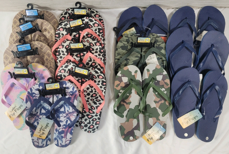 15 New Ladies & Mens Flip-Flops . Ladies Size Small 5/6 & Medium 7/8 . Men's Size Small 8/9 , Medium 9/10 & Large 11/12 .