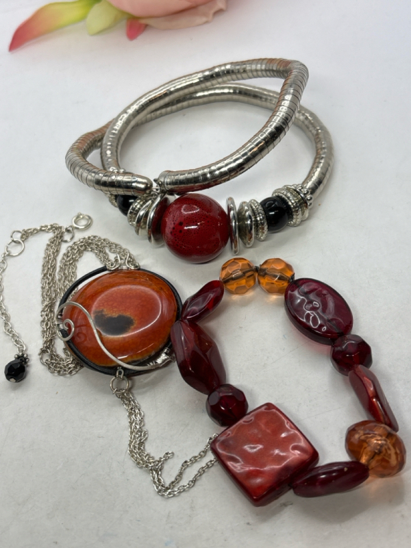 Red Agate Large Round Artisan Wirework Necklace Flex Bracelet Statement Snake Wrap Necklace W/ Stones