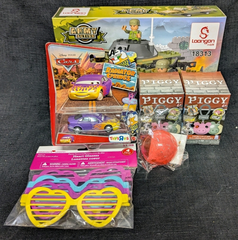 6 New: Toys Lot - Cars Marilyn Model Car - 2 Piggy Light Up Clips - Army Action 150pcs Building Blocks - Heart Glasses - Glitter Poppin Hopper