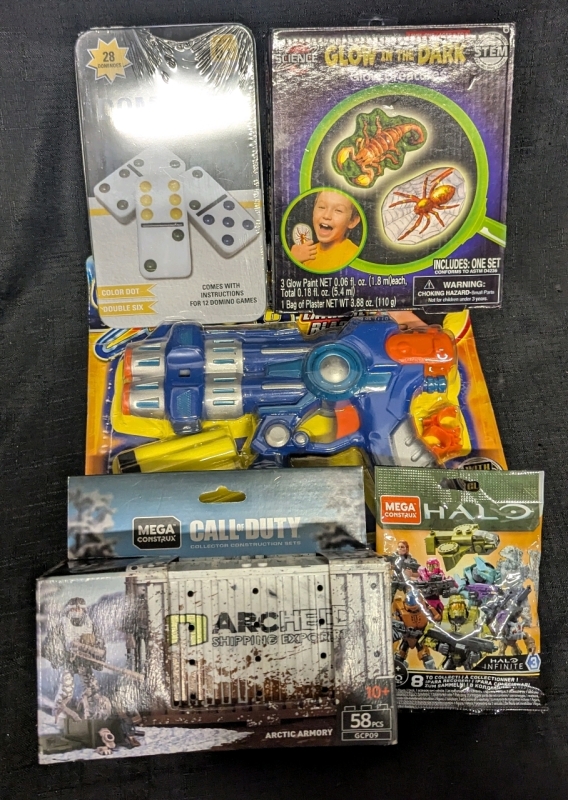 5 New: Toys and Games - Dominoes, Dart Blaster, Glow Creatures, Halo Infinite and Call of Duty Collectibles