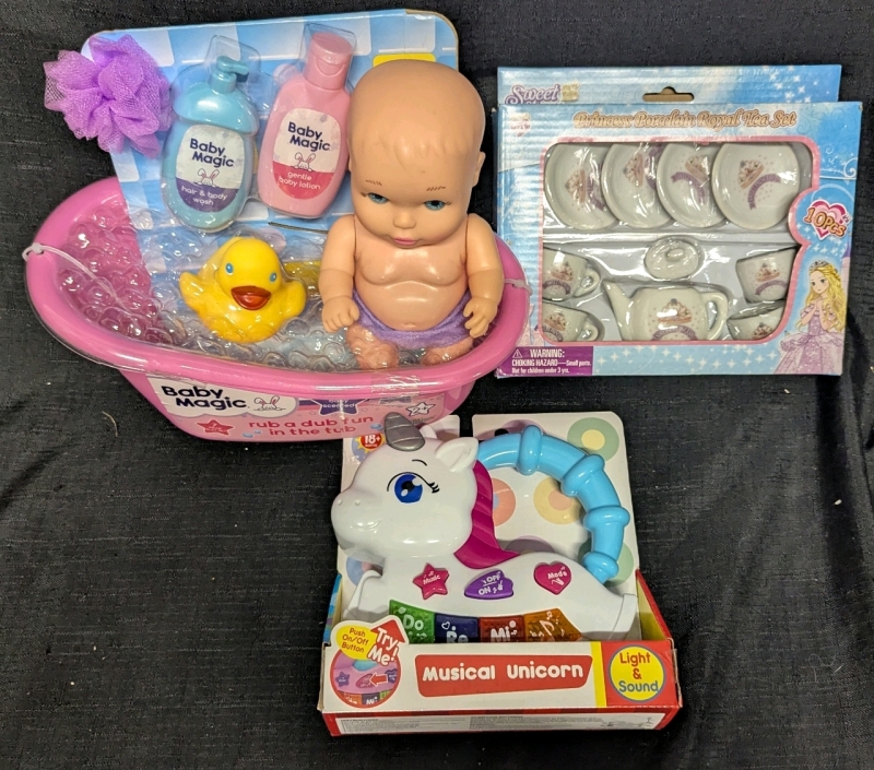 3 New: Baby Toys - Musical Unicorn - Princess Porcelain Royal Tea Set - Baby Magic Rub a Dub Fun in the Tub