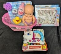 3 New: Baby Toys - Musical Unicorn - Princess Porcelain Royal Tea Set - Baby Magic Rub a Dub Fun in the Tub